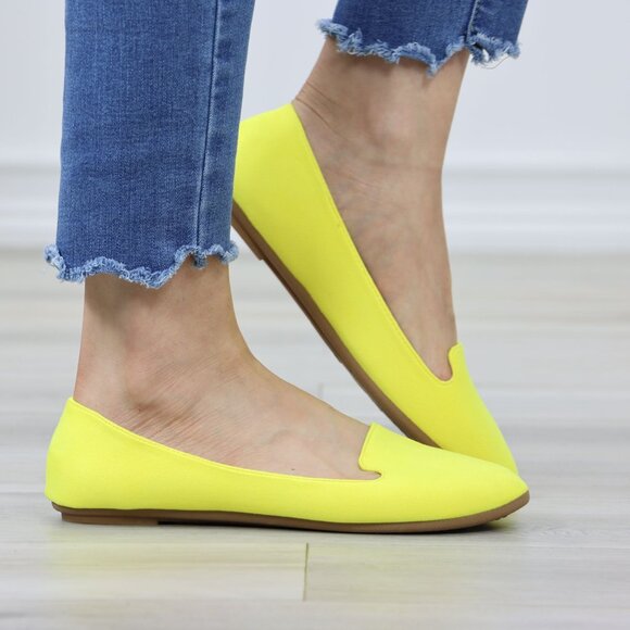 Neon Yellow Faux Suede Rounded Toe Slip On Flat Shoes - Picture 3 of 11